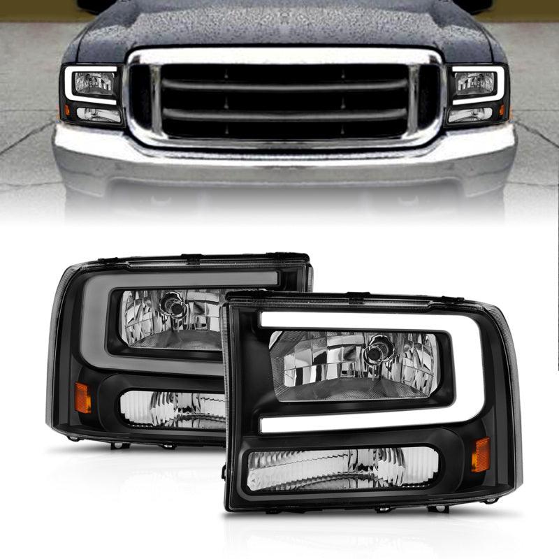 ANZO 99-04 Ford F250/F350/F450/Excursion (excl. 99) Crystal Headlights - w/ Light Bar Black Housing - Jerry's Rodz
