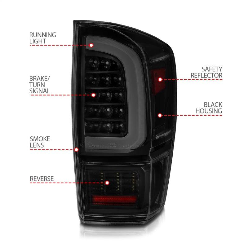 ANZO 16-21 Toyota Tacoma LED Tail Lights - w/ Light Bar Sequential Black Housing & Smoke Lens - Jerry's Rodz