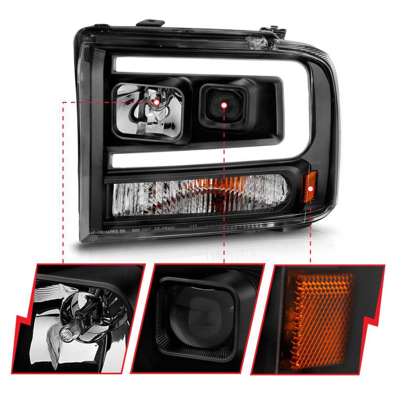 ANZO 99-04 Ford F250/F350/F450/Excursion (excl 99) Projector Headlights - w/ Light Bar Black Housing - Jerry's Rodz