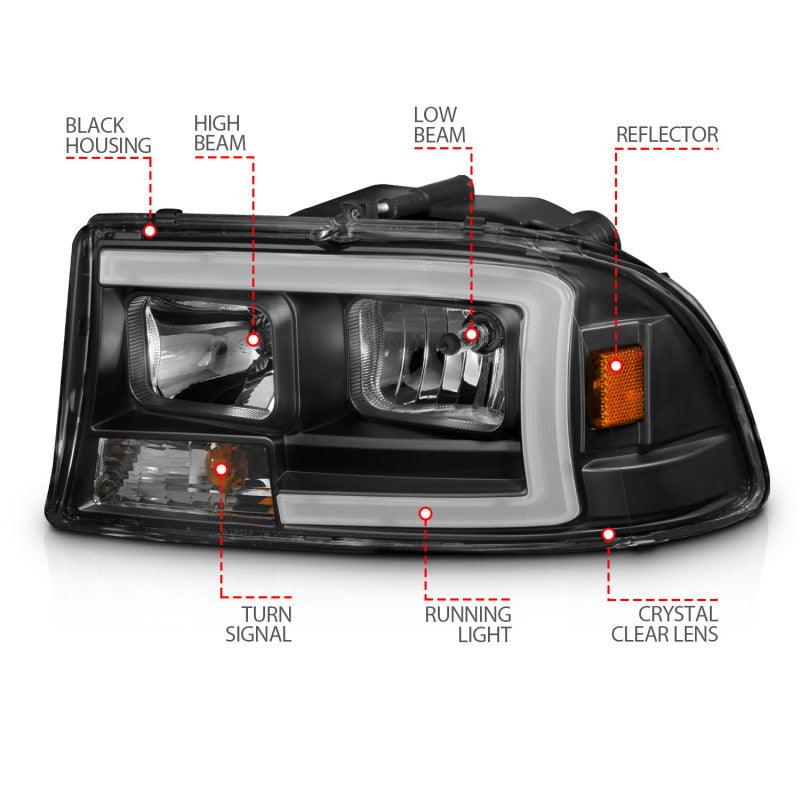 ANZO 97-04 Dodge Dakota/Durango Crystal headlight Set w/ Light Bar Black Housing - Jerry's Rodz