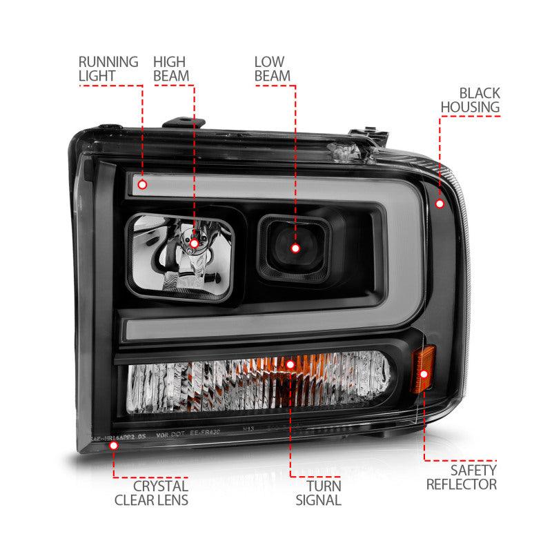ANZO 99-04 Ford F250/F350/F450/Excursion (excl 99) Projector Headlights - w/ Light Bar Black Housing - Jerry's Rodz