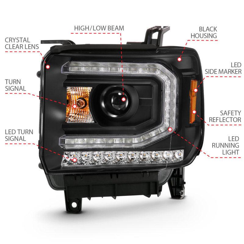 ANZO 2016-2019 Gmc Sierra 1500 Projector Headlight Plank Style Black w/ Sequential Amber Signal - Jerry's Rodz