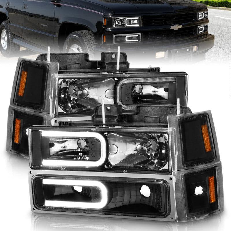 ANZO 88-98 Chevrolet C1500 Crystal Headlights w/ Light Bar Black Housing w/ Signal Side Markers 8Pcs - Jerry's Rodz