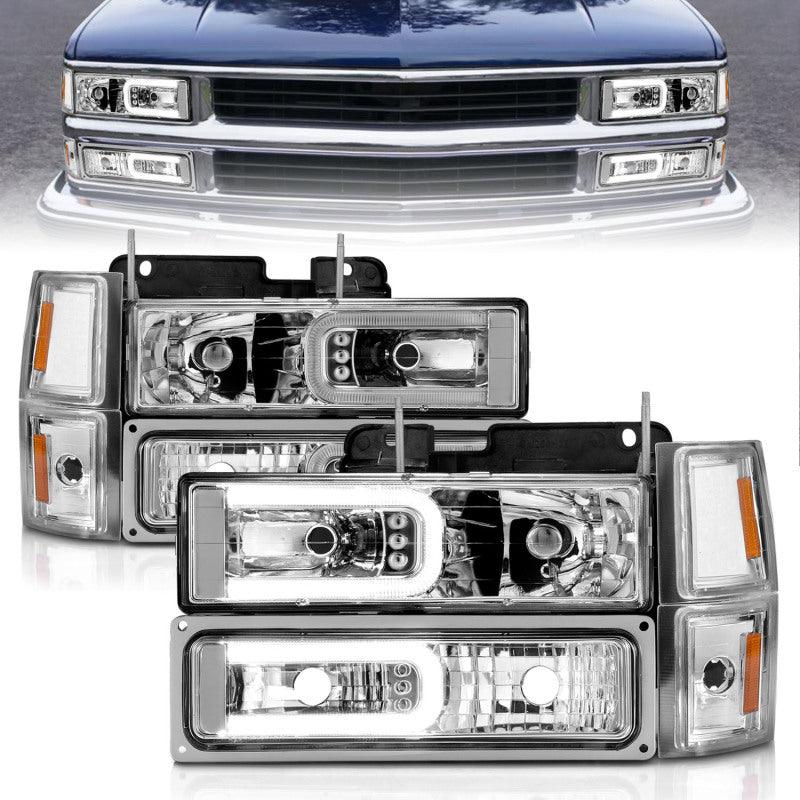 ANZO 88-98 Chevrolet C1500 Crystal Headlights w/Light Bar Chrome Housing w/ Signal Side Markers 8Pcs - Jerry's Rodz