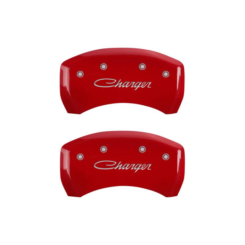 MGP 4 Caliper Covers Engraved Front & Rear Cursive/Charger Red finish silver ch - Jerry's Rodz